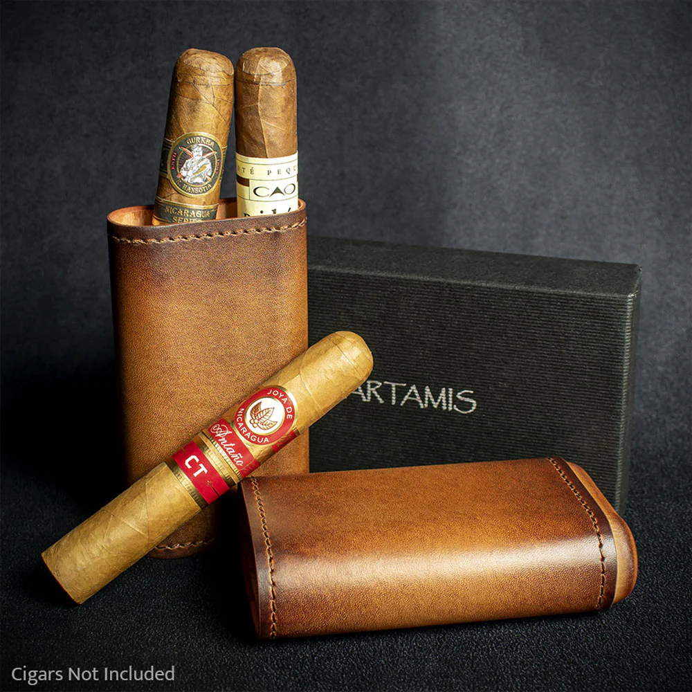 Artamis Antique Leather Cedar Lined Cigar Case - 3 Robustos - Image 2