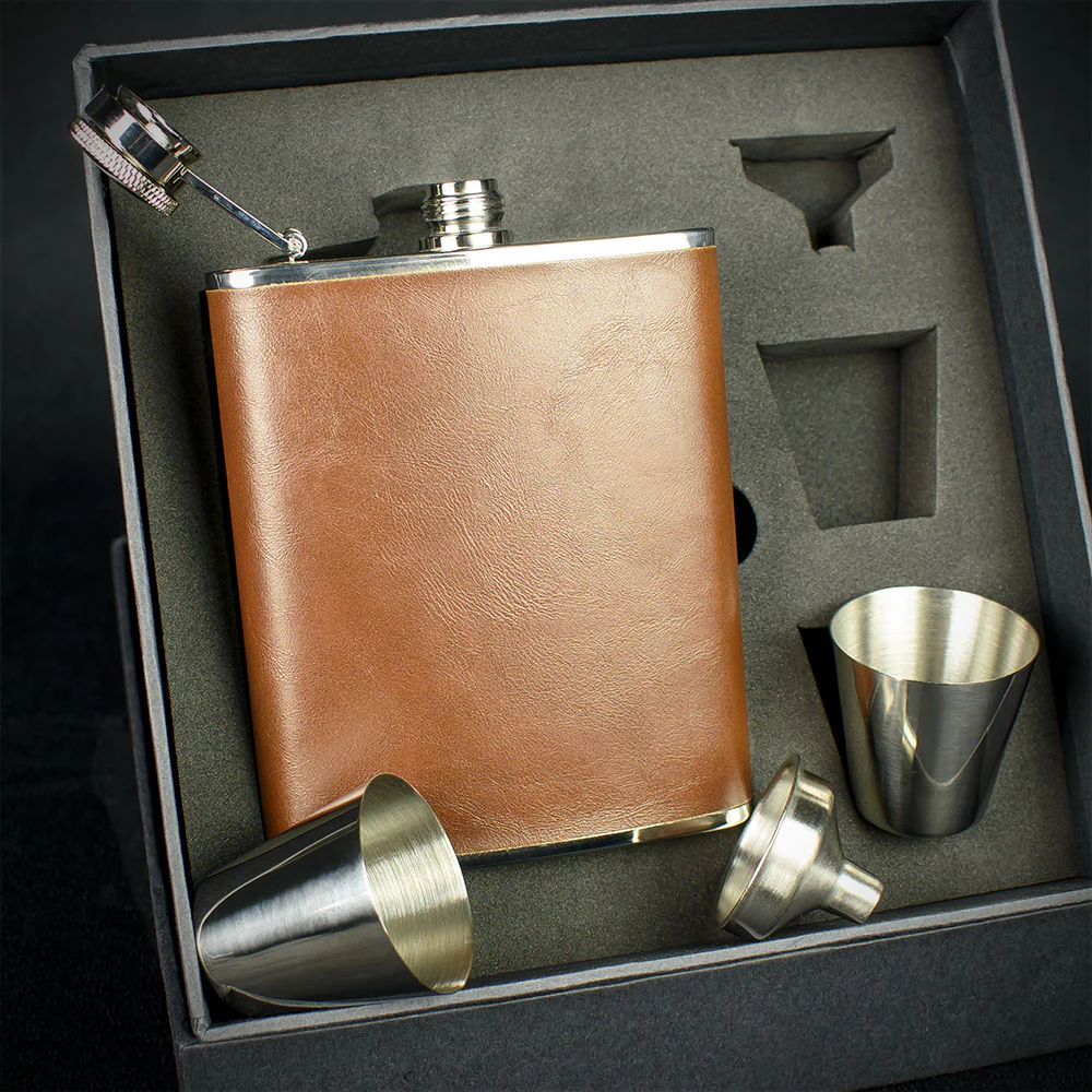 Brown Leather Hip Flask + 2 Cups - 6oz Stainless Steel - Image 3
