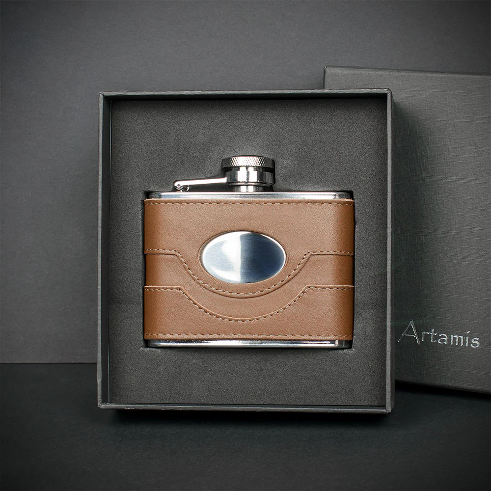 Brown Spanish Leather Hip Flask - 4oz Stainless Steel - Image 2