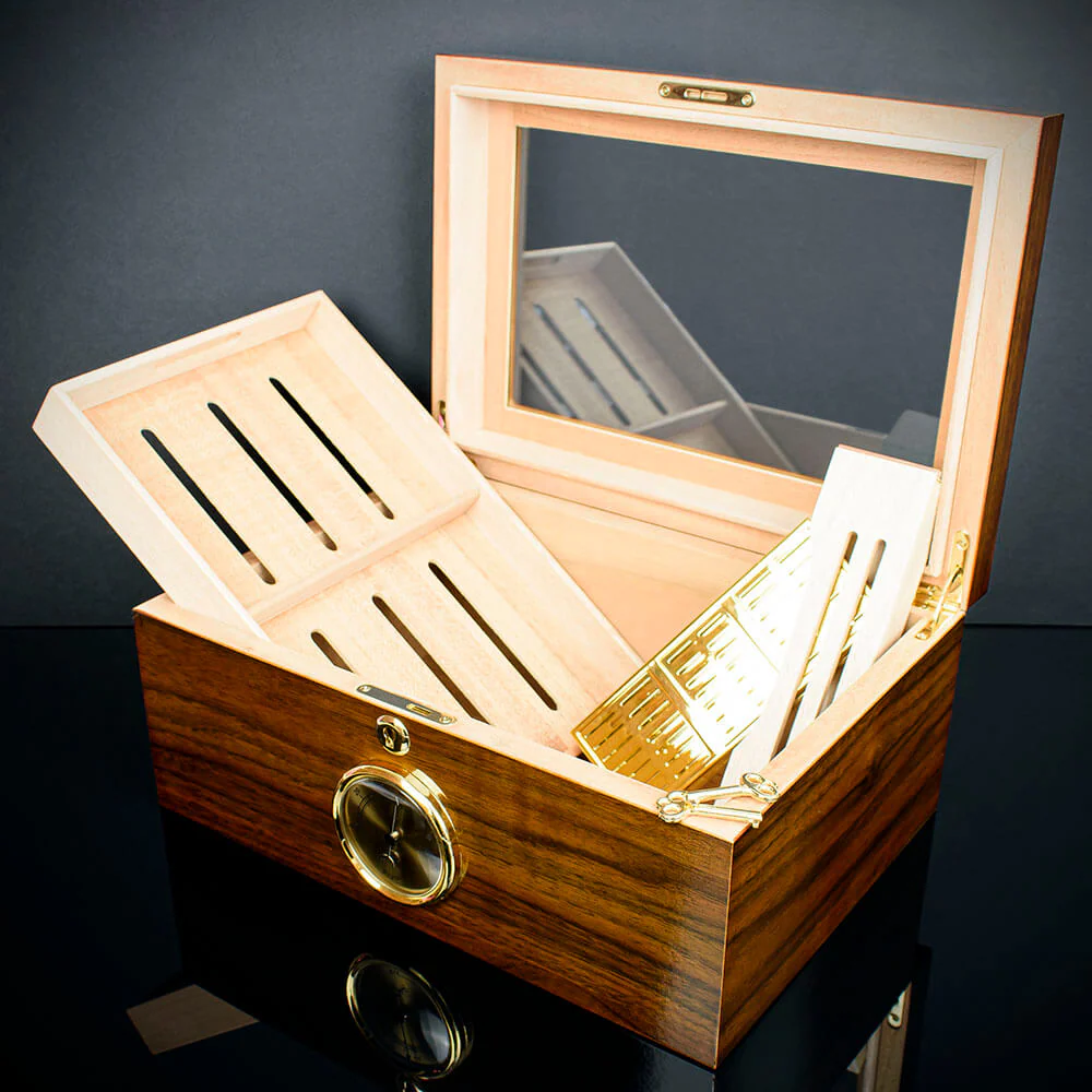Cigar Humidor Glass Top Walnut Veneer HU20 - 75 Cigar Capacity - Image 3