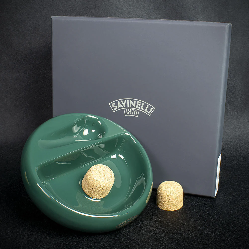 Savinelli Green Ceramic Ashtray - One Pipe Rest with Cork Knocker - Image 2