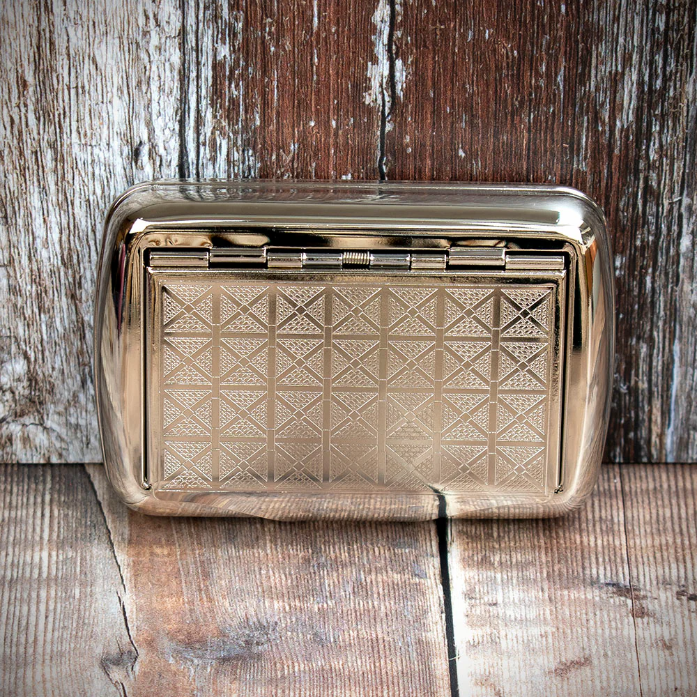 Tobacco Tin with Paper Holder - Patterned Chrome Top - Image 2