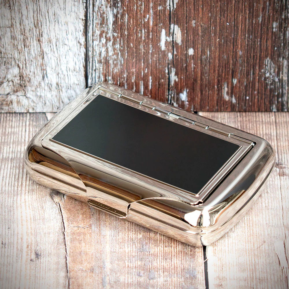 Tobacco Tin with Paper Holder - Polished Chrome with Black Panel